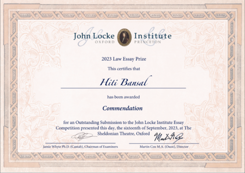 Commendation Award in John Locke Global Essay Competition 2023